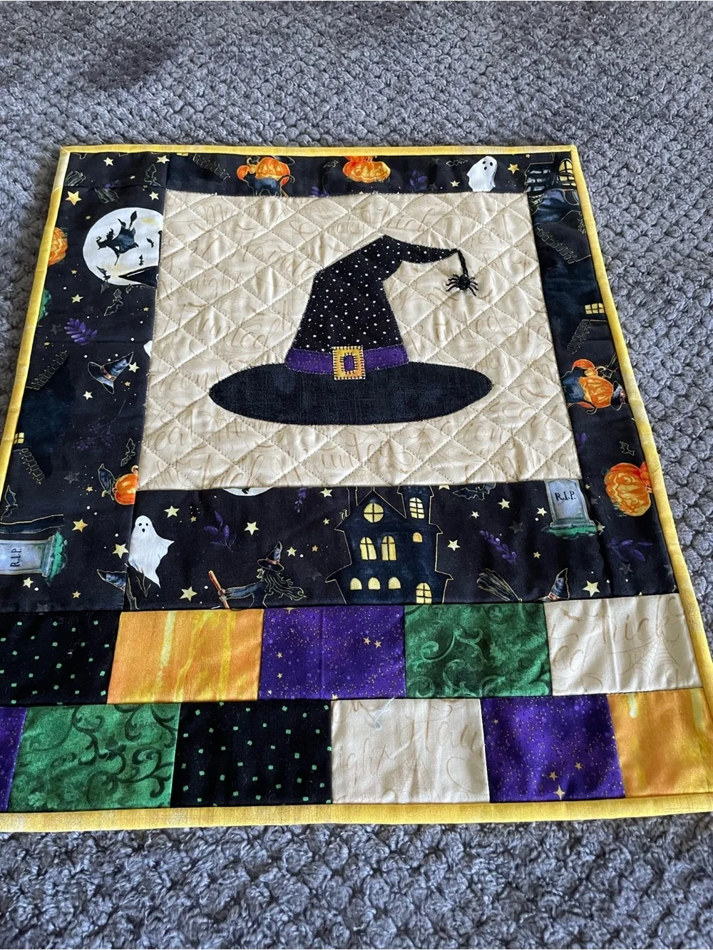 Handmade Halloween Witch Hat Quilted Wall Hanging — Black, Purple, Green, Gold
